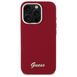 Guess Silicone Script Metal Logo dėklas, skirtas iPhone 16 Pro Max - rožinis