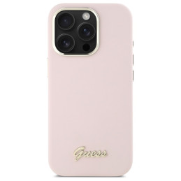Guess Silicone Script Metal Logo & Frame dėklas, skirtas iPhone 16 Pro Max - rožinis