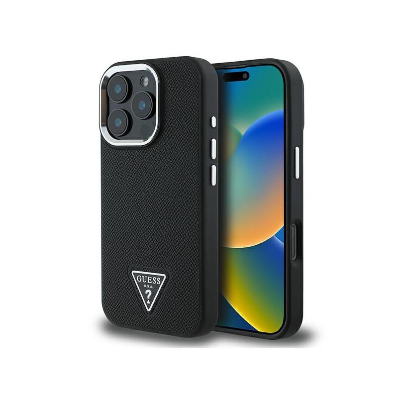 Guess Grained Triangle MagSafe dėklas iPhone 16 Pro - juodas