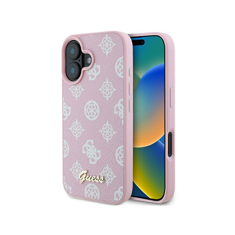 Guess Peony Script Logo MagSafe dėklas iPhone 16 Plus - rožinis