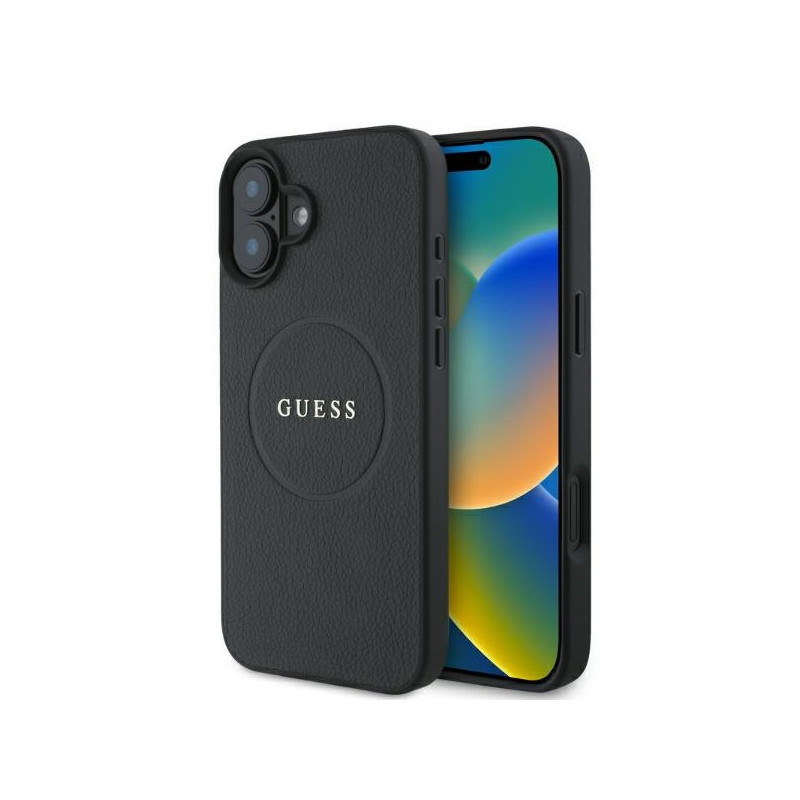 Guess Grained Gold Ring MagSafe dėklas iPhone 16 - juodas