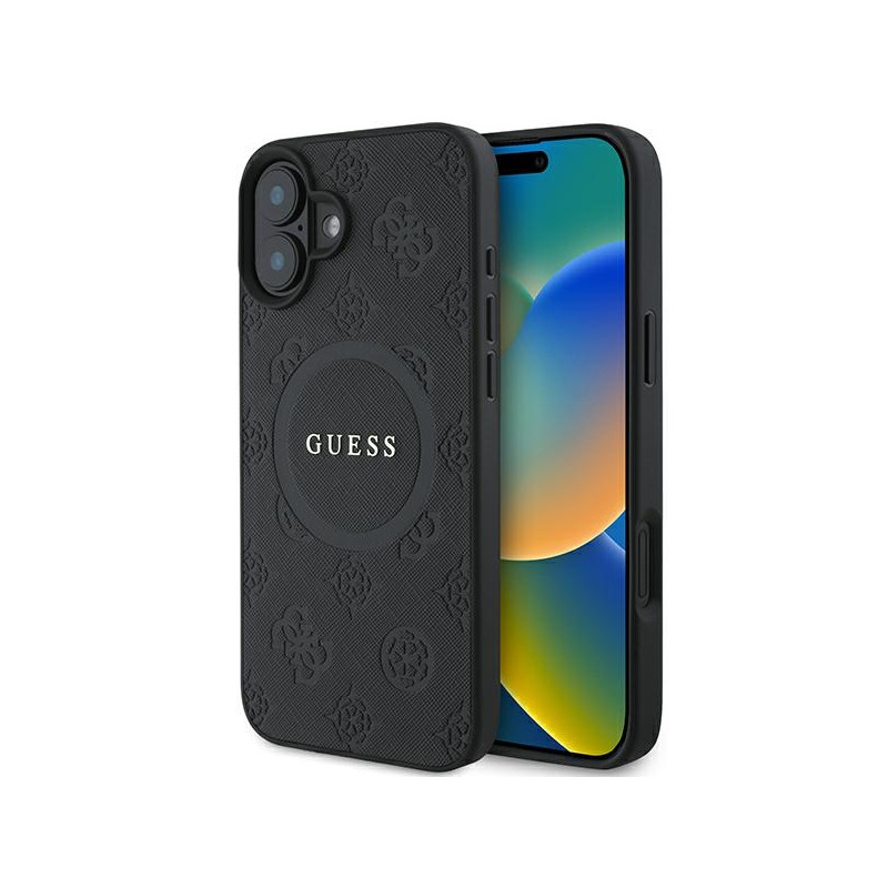 Guess Saffiano Peony Classic Logo MagSafe dėklas iPhone 16 - juodas