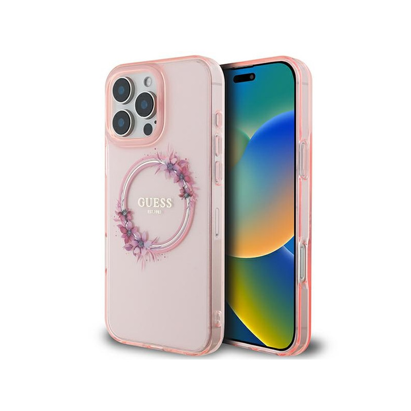 Guess IML Flowers Wreath MagSafe dėklas iPhone 16 Pro Max - rožinis