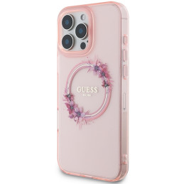 Guess IML Flowers Wreath MagSafe dėklas iPhone 16 Pro Max - rožinis