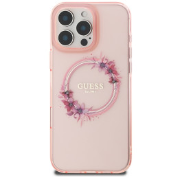 Guess IML Flowers Wreath MagSafe dėklas iPhone 16 Pro Max - rožinis