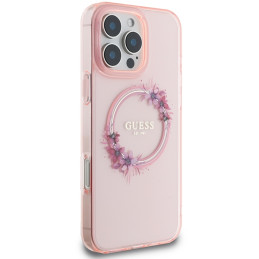 Guess IML Flowers Wreath MagSafe dėklas iPhone 16 Pro Max - rožinis