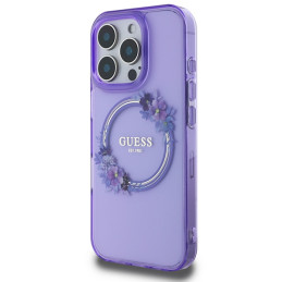 Guess IML Flowers Wreath MagSafe dėklas, skirtas iPhone 16 Pro Max - violetinė