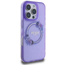 Guess IML Flowers Wreath MagSafe dėklas, skirtas iPhone 16 Pro Max - violetinė