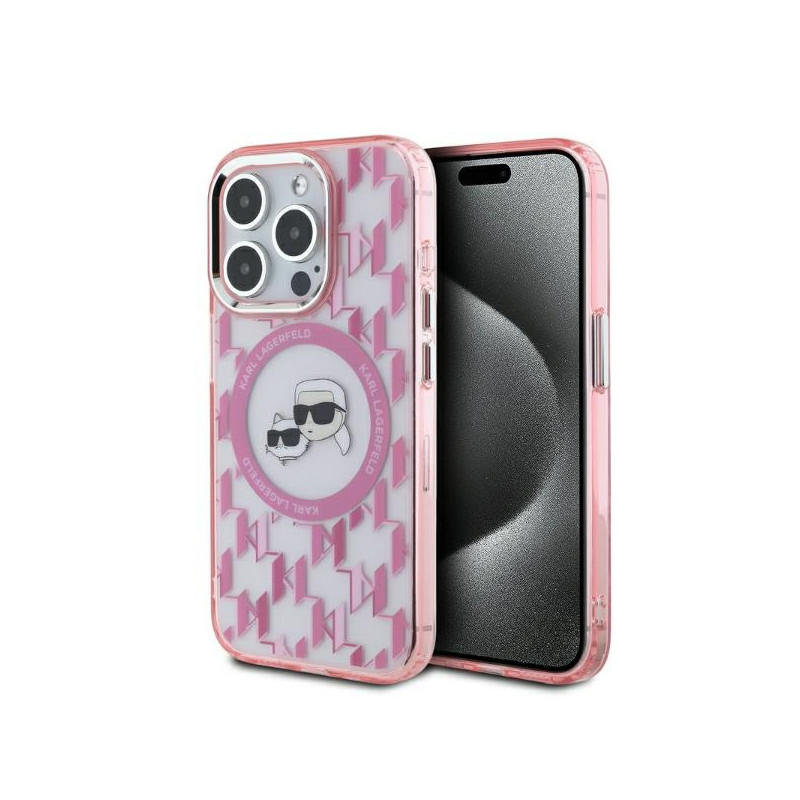 Karl Lagerfeld IML Monogram Karl & Choupette Head MagSafe dėklas iPhone 15 Pro - rožinis