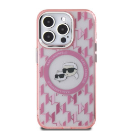 Karl Lagerfeld IML Monogram Karl & Choupette Head MagSafe dėklas iPhone 15 Pro - rožinis
