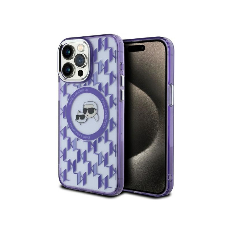 Karl Lagerfeld IML Monogram Karl & Choupette Head MagSafe dėklas, skirtas iPhone 15 Pro - violetinė