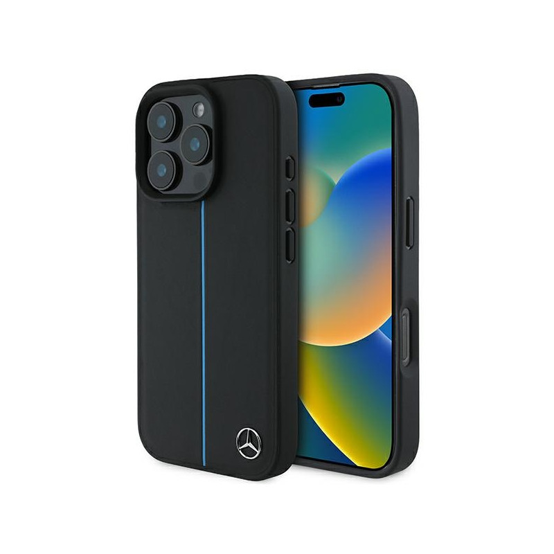 Mercedes MB Blue Line Leather MagSafe dėklas iPhone 16 Pro - juodas