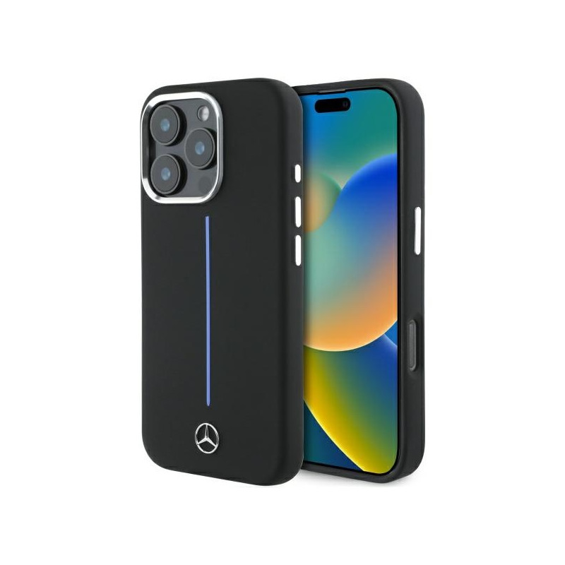 Mercedes Silicone Blue Stripe MagSafe dėklas iPhone 16 Pro - juodas
