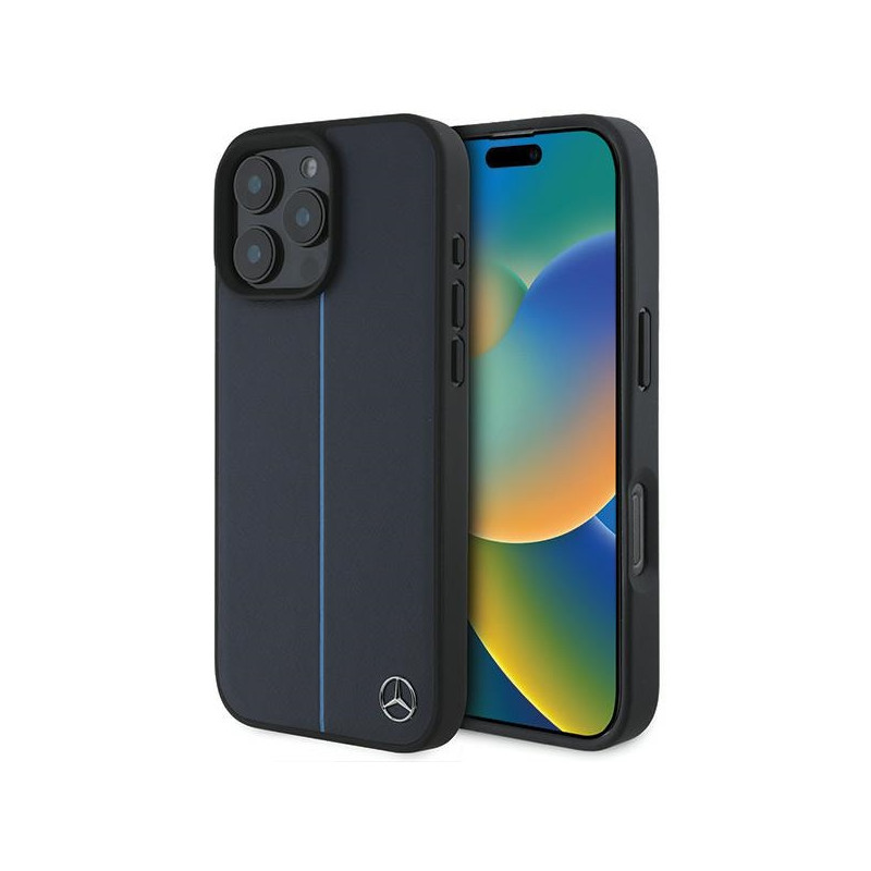 Mercedes MB Blue Line Leather MagSafe dėklas iPhone 16 Pro Max - tamsiai mėlynas