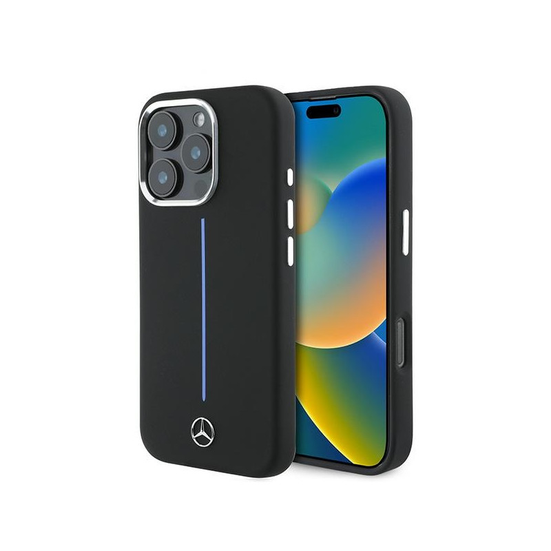 Mercedes Silicone Blue Stripe MagSafe dėklas iPhone 16 Pro Max - juodas