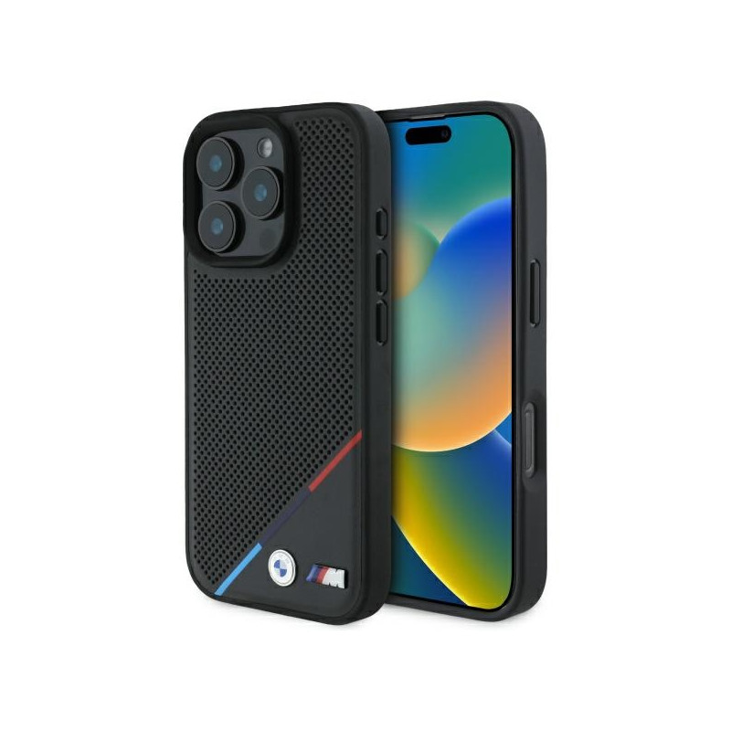 BMW M Perforated Tricolor Line MagSafe dėklas iPhone 16 Pro Max - juodas