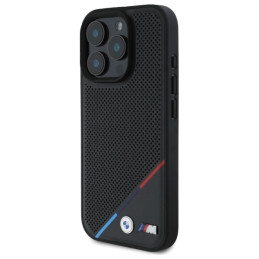 BMW M Perforated Tricolor Line MagSafe dėklas iPhone 16 Pro Max - juodas