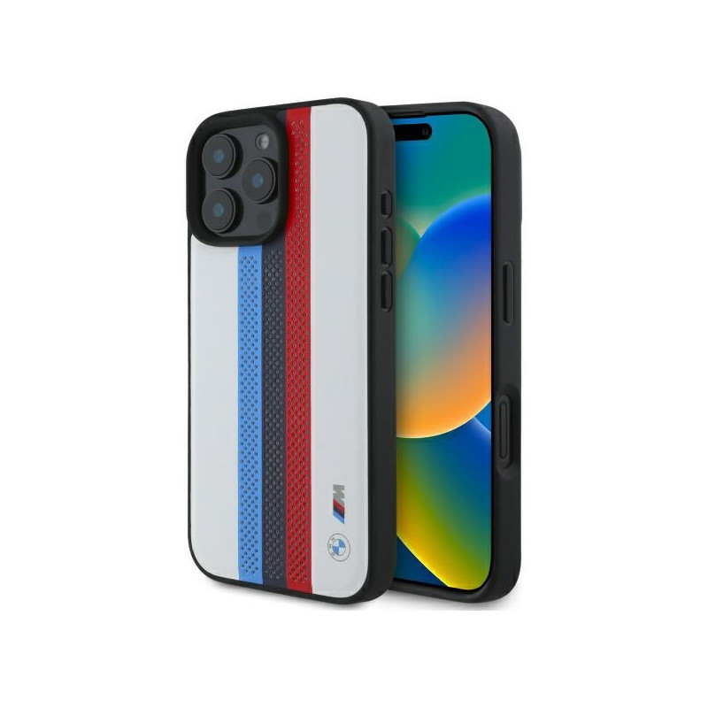 BMW M Performance Tricolor Printed Stripes MagSafeMagSafe dėklas iPhone 16 Pro Max - baltas