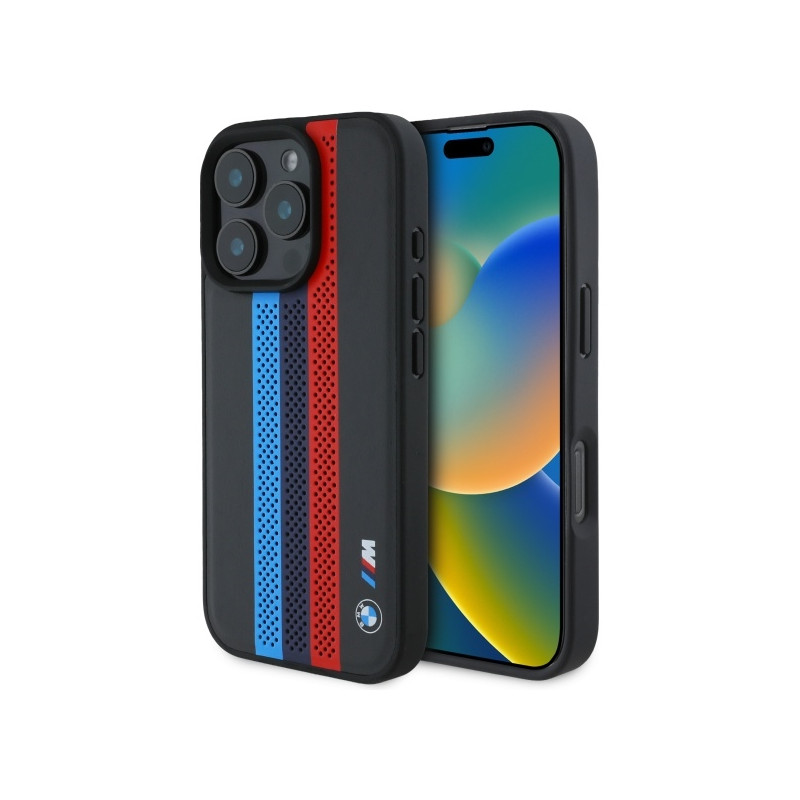 BMW M Performance Tricolor Printed Stripes MagSafeMagSafe dėklas, skirtas iPhone 16 Pro Max – juodas