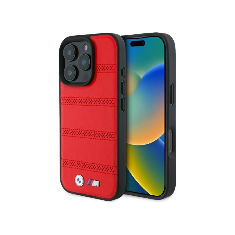 BMW M perforuota ir susiūta linija MagSafe dėklas iPhone 16 Pro Max - raudonas