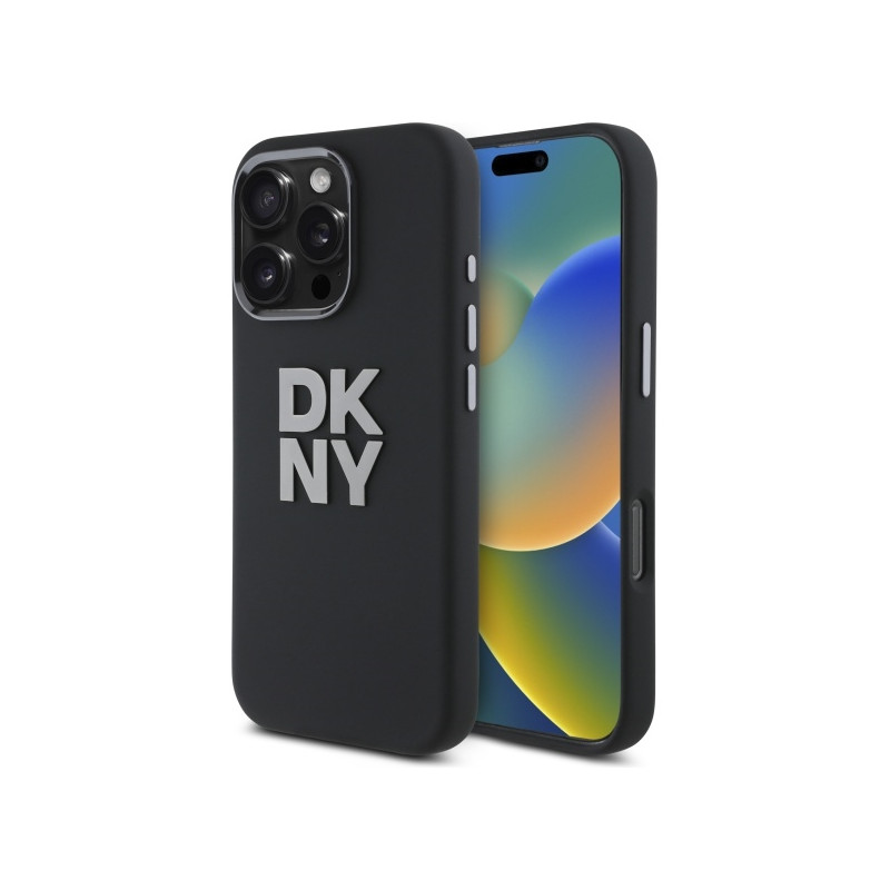 DKNY Liquid Silicone Metal Logo dėklas, skirtas iPhone 16 Pro Max - juodas