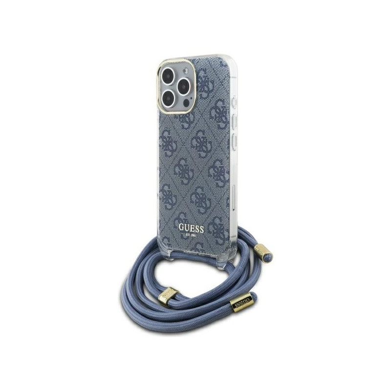 Guess Crossbody Cord 4G Print dėklas su dirželiu, skirtas iPhone 16 Pro - mėlynas