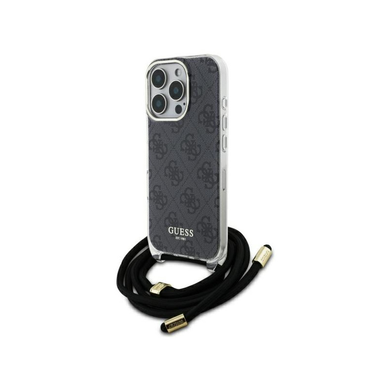 Guess Crossbody Cord 4G spausdinimo dėklas su dirželiu, skirtas iPhone 16 Pro – juodas
