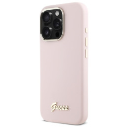 Guess Silicone Script Metal Logo & Frame dėklas iPhone 16 Pro - rožinis