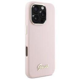 Guess Silicone Script Metal Logo & Frame dėklas iPhone 16 Pro - rožinis