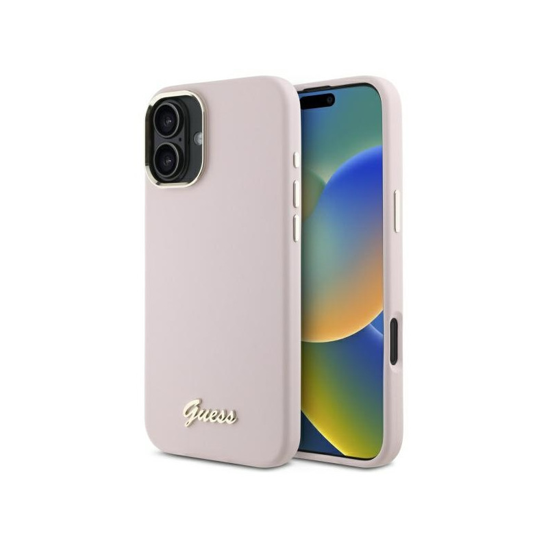Guess Silicone Script Metal Logo & Frame dėklas iPhone 16 Plus - rožinis