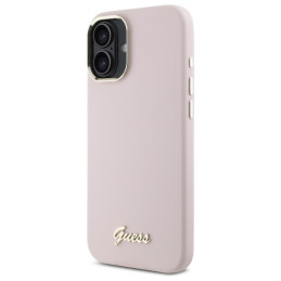 Guess Silicone Script Metal Logo & Frame dėklas iPhone 16 Plus - rožinis
