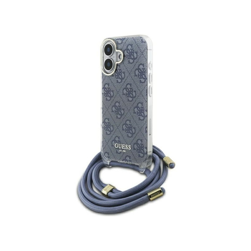 Guess Crossbody Cord 4G Print dėklas su dirželiu, skirtas iPhone 16 - mėlynas