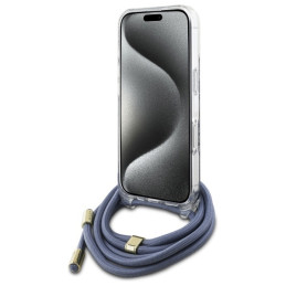 Guess Crossbody Cord 4G Print dėklas su dirželiu, skirtas iPhone 16 - mėlynas