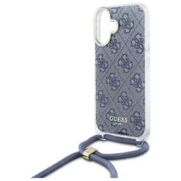 Guess Crossbody Cord 4G Print dėklas su dirželiu, skirtas iPhone 16 - mėlynas