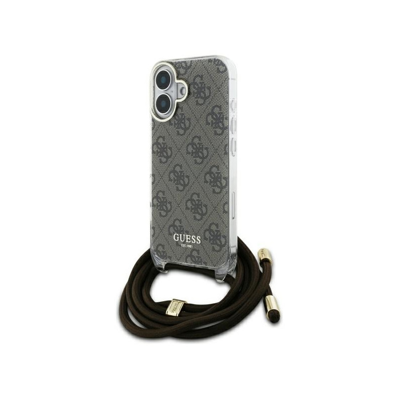 Guess Crossbody Cord 4G Print dėklas su dirželiu, skirtas iPhone 16 - rudas