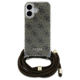 Guess Crossbody Cord 4G Print dėklas su dirželiu, skirtas iPhone 16 - rudas