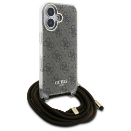 Guess Crossbody Cord 4G Print dėklas su dirželiu, skirtas iPhone 16 - rudas