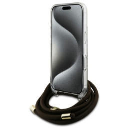 Guess Crossbody Cord 4G Print dėklas su dirželiu, skirtas iPhone 16 - rudas