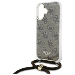Guess Crossbody Cord 4G Print dėklas su dirželiu, skirtas iPhone 16 - rudas