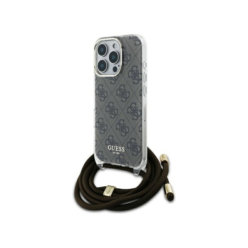 Guess Crossbody Cord 4G Print dėklas, skirtas iPhone 16 Pro Max - rudas