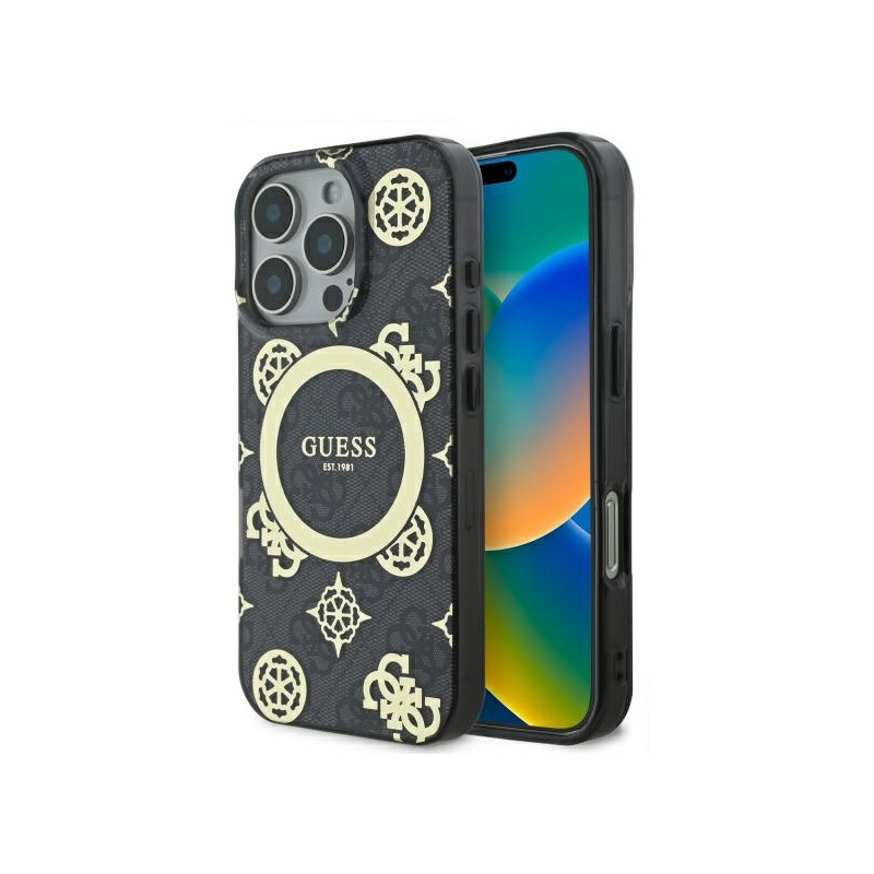 Guess IML Peony On 4G Background MagSafe dėklas iPhone 16 Pro - juodas