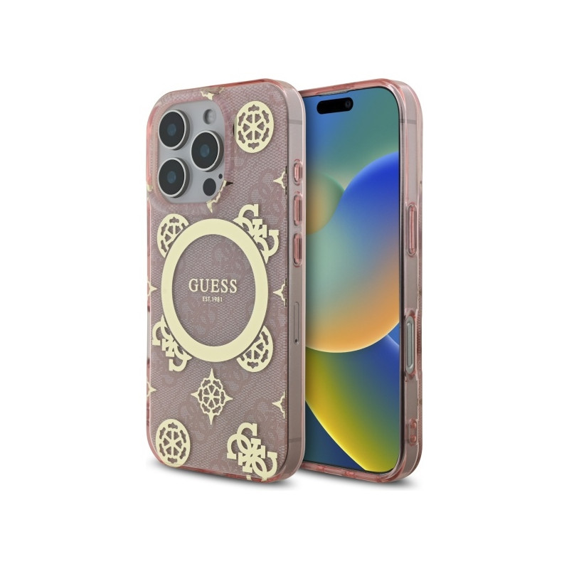 Guess IML Peony On 4G Background MagSafe dėklas iPhone 16 Pro - rožinis