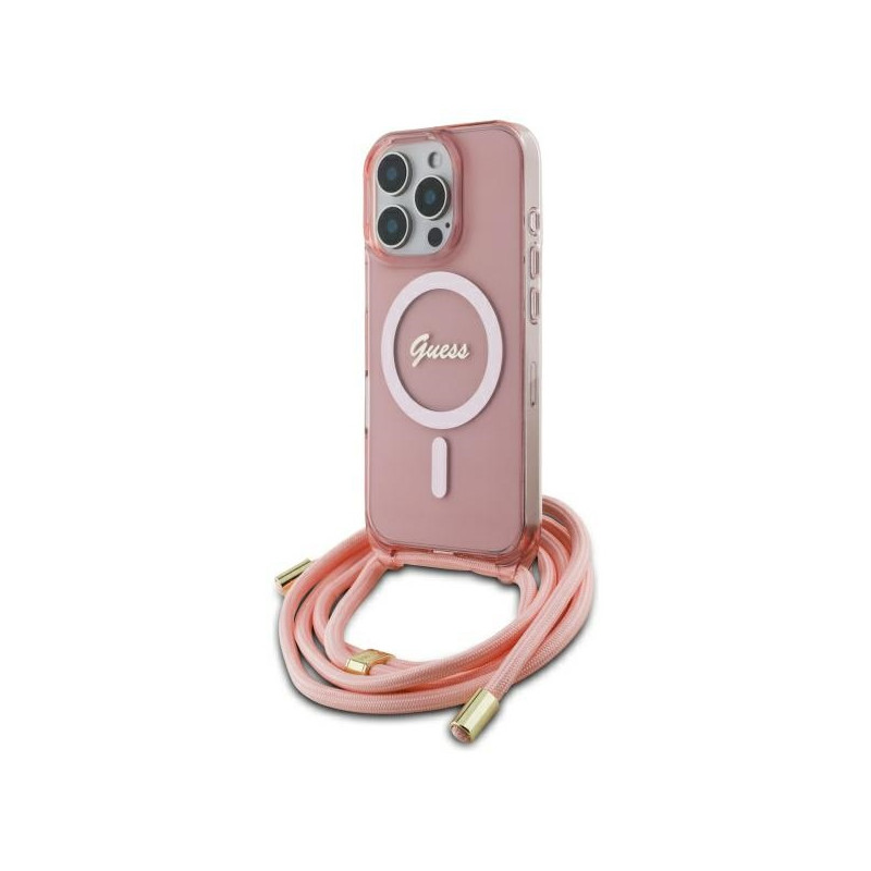 Guess Crossbody Cord Script MagSafe dėklas iPhone 16 Pro - rožinis