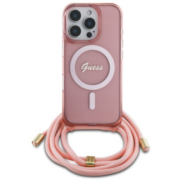 Guess Crossbody Cord Script MagSafe dėklas iPhone 16 Pro - rožinis