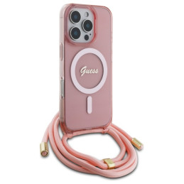 Guess Crossbody Cord Script MagSafe dėklas iPhone 16 Pro - rožinis