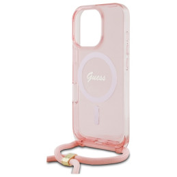 Guess Crossbody Cord Script MagSafe dėklas iPhone 16 Pro - rožinis