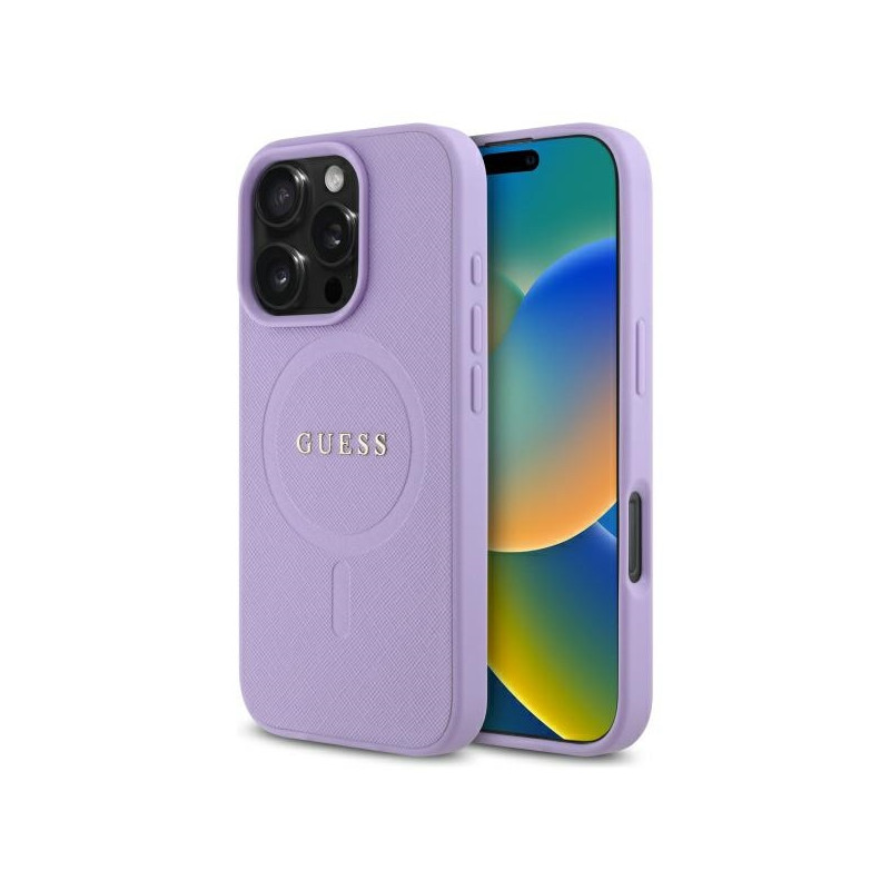 Guess Saffiano MagSafe dėklas iPhone 16 Pro - violetinis