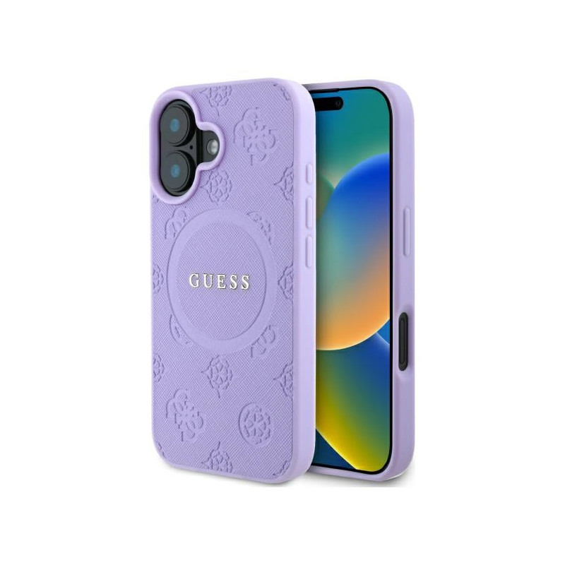 Guess Saffiano Peony Classic Logo MagSafena iPhone 16 Plus dėklas - violetinė