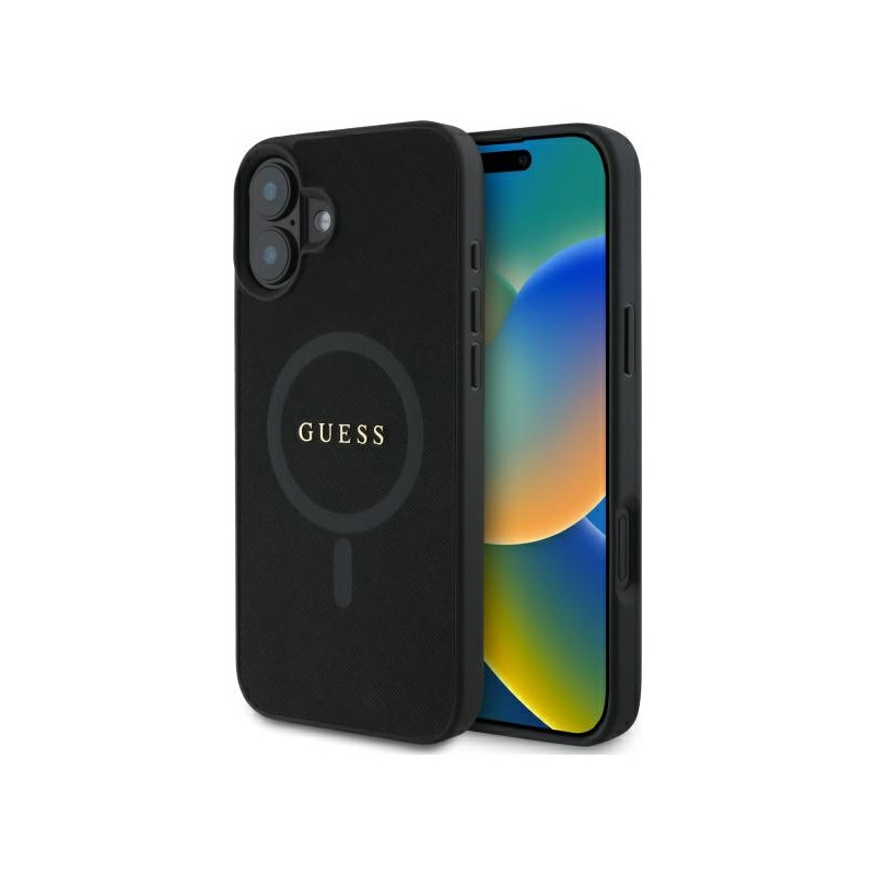 Guess Saffiano Classic Logo MagSafe dėklas iPhone 16 - juodas
