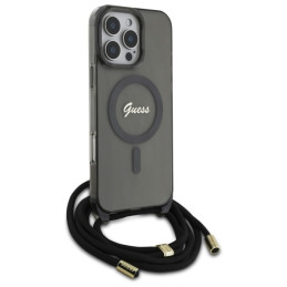 Guess Crossbody Cord Script MagSafe dėklas, skirtas iPhone 16 Pro Max - juodas
